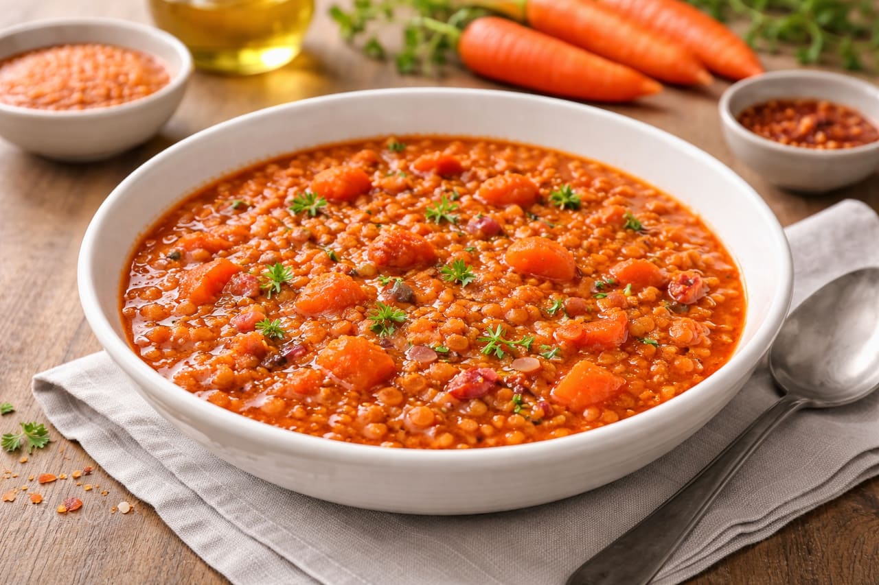 Lentil Tomato Soup plated and ready to serve.