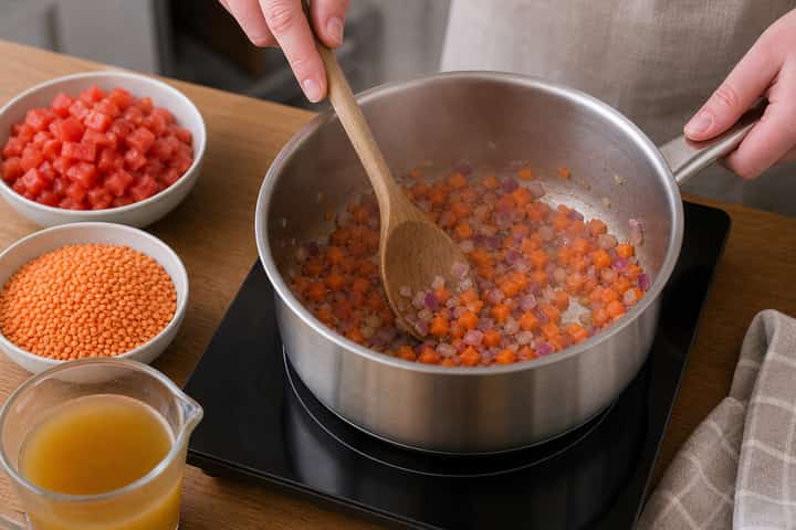 Lentil Tomato Soup cooking step 2: Start cooking.