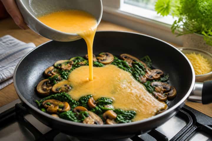Mushroom Spinach Omelette cooking step 4: Bring it together.
