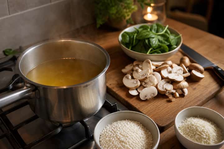 Mushroom Spinach Risotto cooking step 1: Warm the stock.
