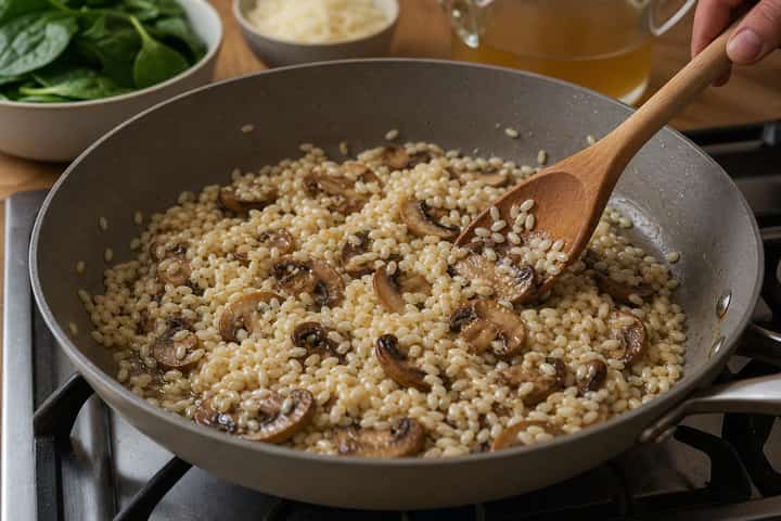 Mushroom Spinach Risotto cooking step 3: Toast the rice.
