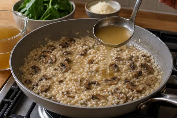 Mushroom Spinach Risotto cooking step 4: Add stock gradually.