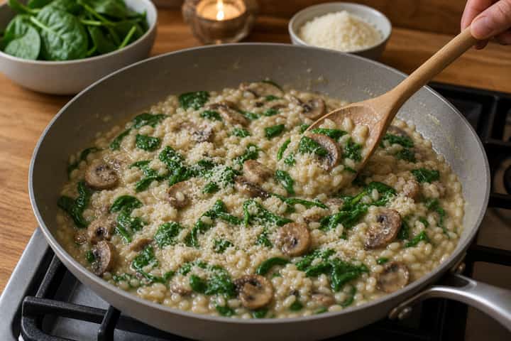 Mushroom Spinach Risotto cooking step 5: Finish creamy.