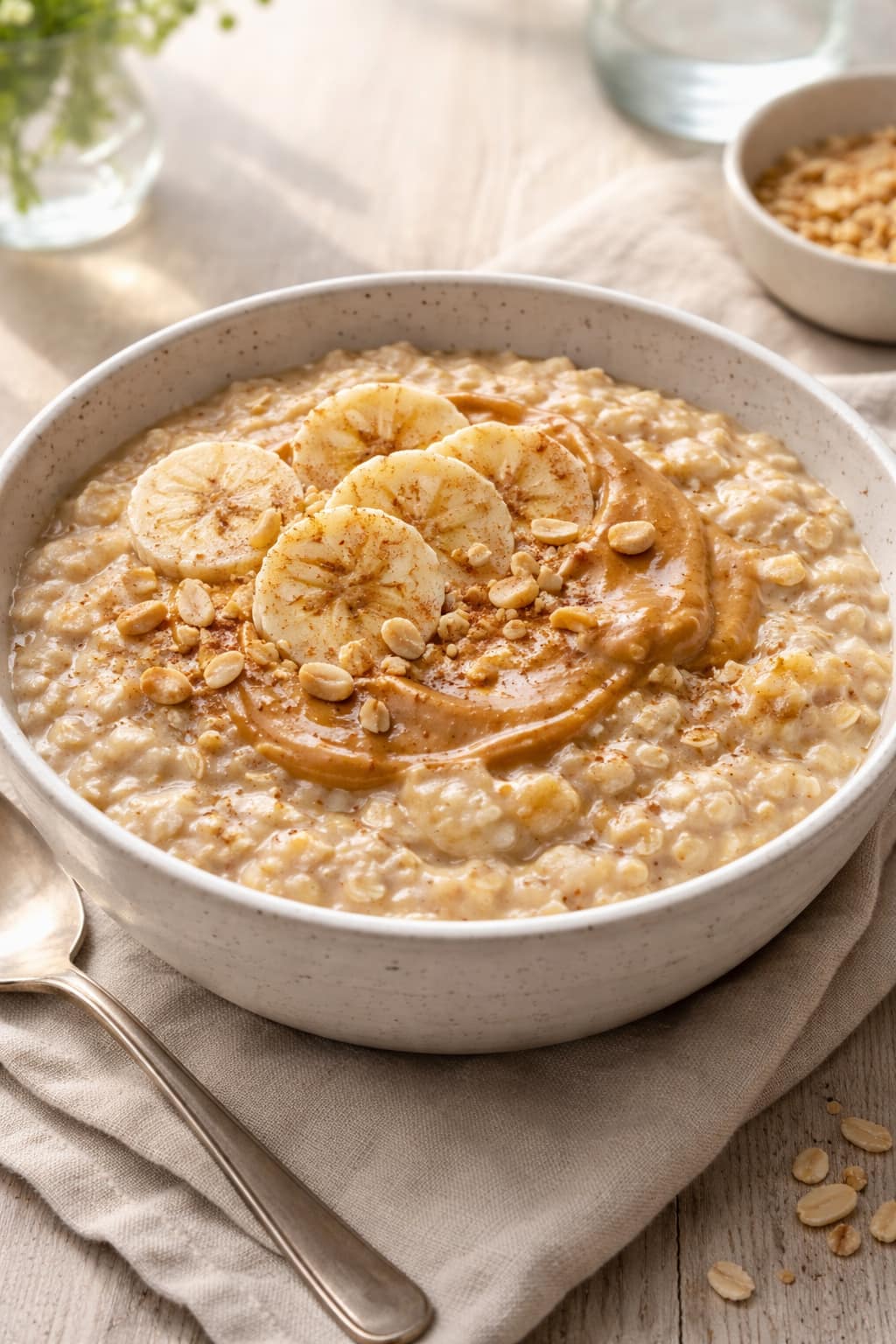 Creamy porridge finished with banana and peanut butter.