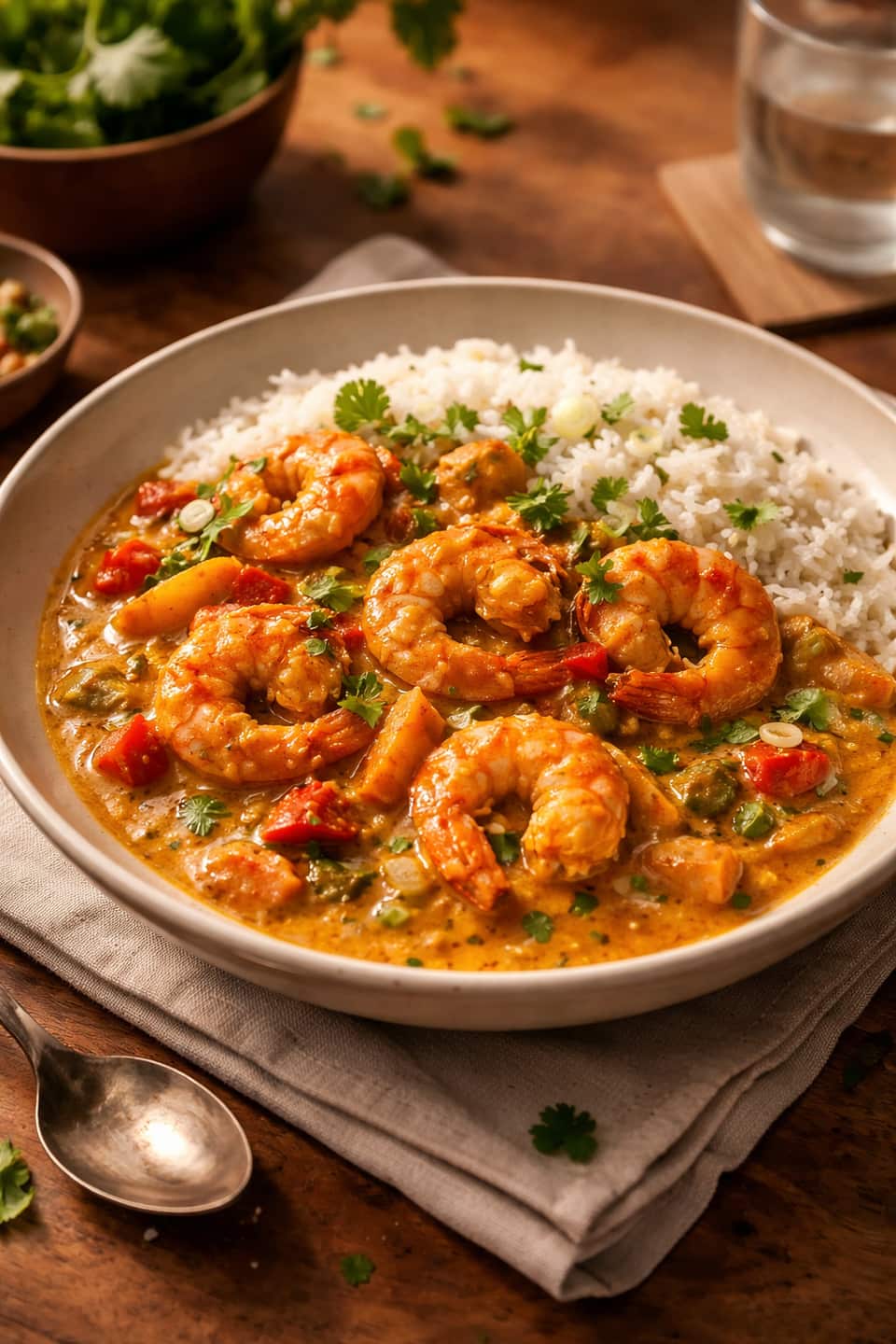 Prawn coconut curry with rice on a warm table.