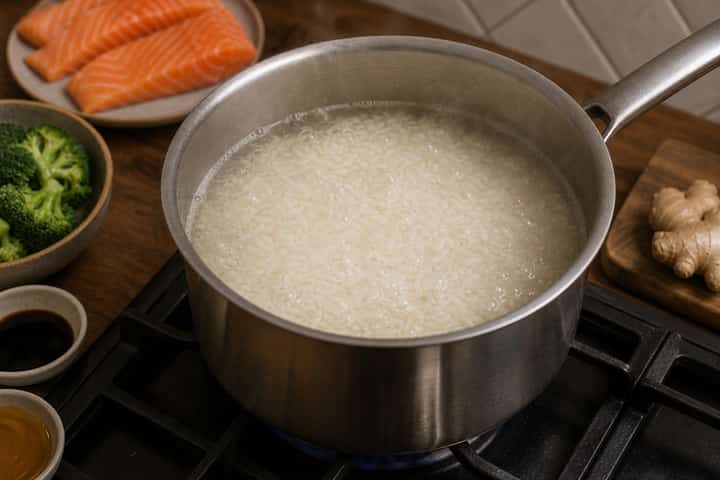 Salmon Teriyaki Rice Bowls cooking step 1: Cook the rice.