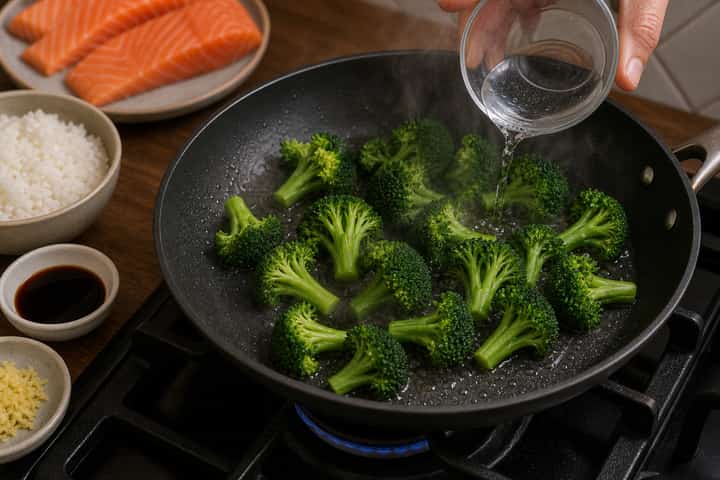Salmon Teriyaki Rice Bowls cooking step 3: Steam-fry the broccoli.