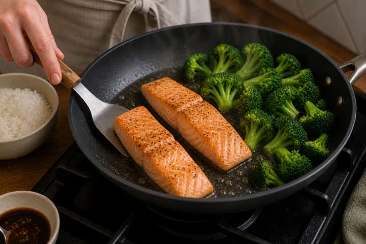 Salmon Teriyaki Rice Bowls cooking step 4: Cook the salmon.