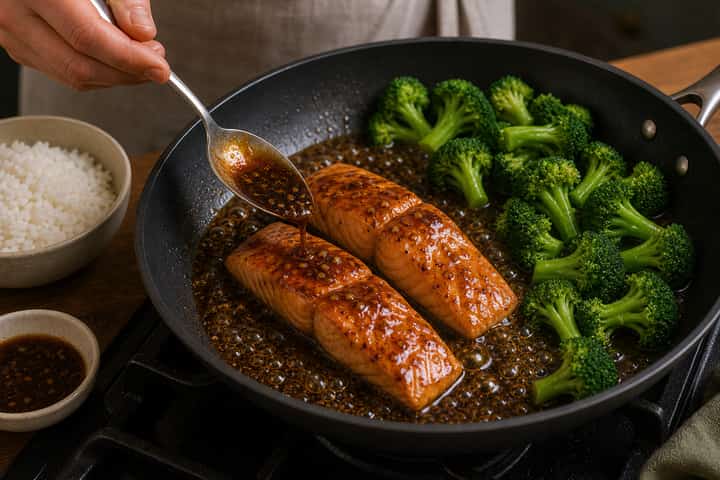 Salmon Teriyaki Rice Bowls cooking step 5: Glaze the pan.