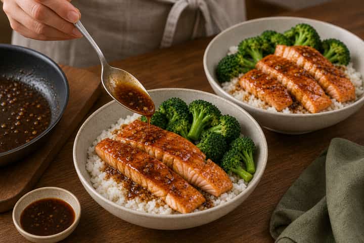 Salmon Teriyaki Rice Bowls cooking step 6: Build the bowls.