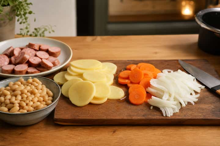 Sausage Bean Hotpot cooking step 1: Get prepped.