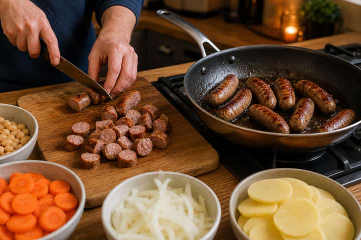 Sausage Bean Hotpot cooking step 2: Start cooking.