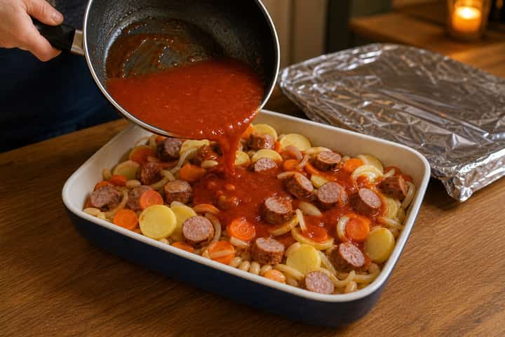 Sausage Bean Hotpot cooking step 4: Bring it together.