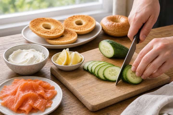 Smoked Salmon Bagels cooking step 2: Start cooking.