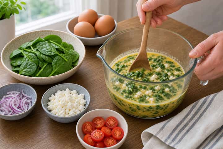 Spinach and Feta Egg Muffins cooking step 3: Build the flavour.