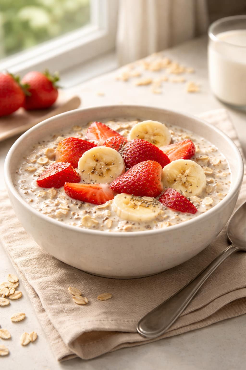 Overnight oats topped with strawberries and banana.