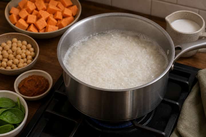 Sweet Potato Chickpea Curry cooking step 1: Start the rice.