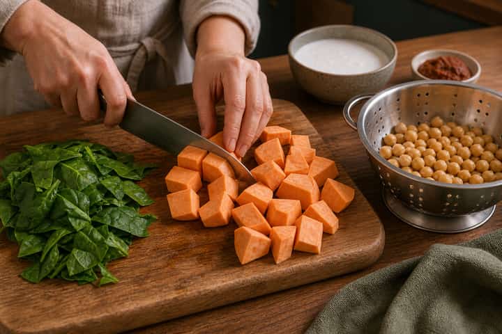 Sweet Potato Chickpea Curry cooking step 2: Chop and drain.