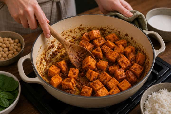 Sweet Potato Chickpea Curry cooking step 3: Wake up the curry paste.