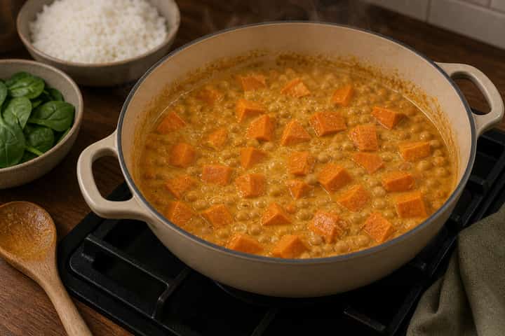 Sweet Potato Chickpea Curry cooking step 4: Simmer the curry.