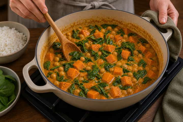 Sweet Potato Chickpea Curry cooking step 5: Wilt the spinach.