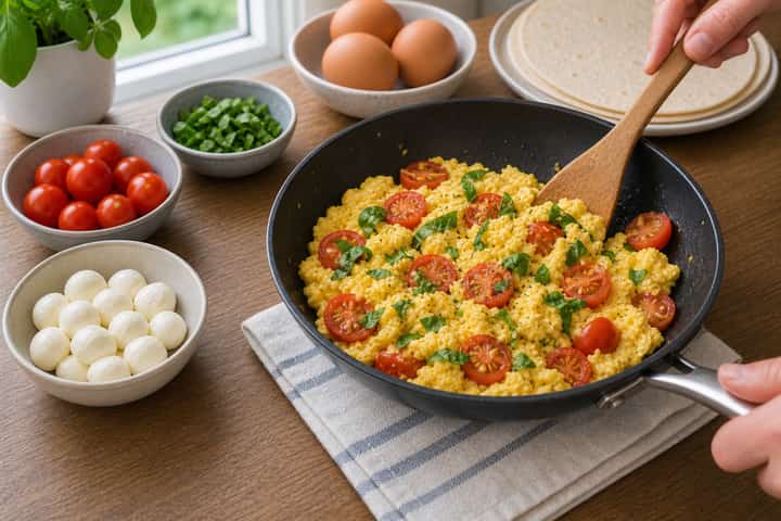 Tomato Mozzarella Breakfast Wraps cooking step 3: Build the flavour.