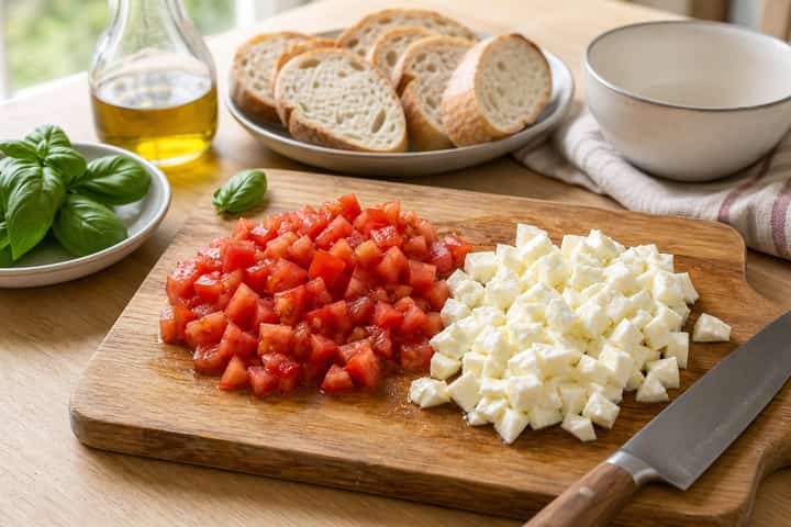 Tomato Mozzarella Bruschetta Lunch cooking step 2: Start cooking.