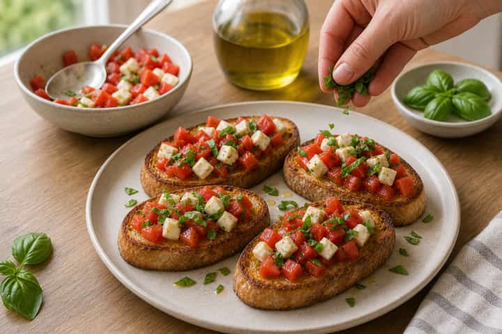 Tomato Mozzarella Bruschetta Lunch cooking step 5: Finish the dish.