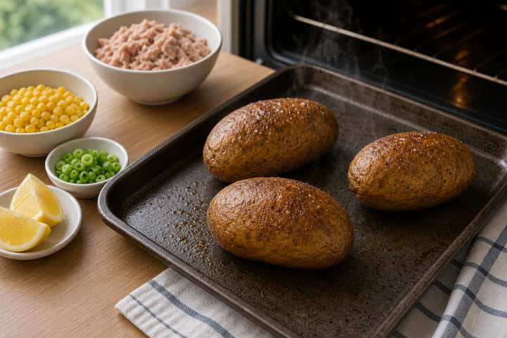 Tuna Sweetcorn Jacket Potatoes cooking step 2: Start cooking.