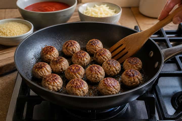 Turkey Meatball Orzo Bake cooking step 3: Brown for flavour.