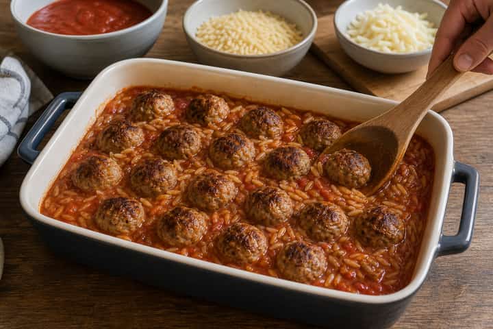 Turkey Meatball Orzo Bake cooking step 4: Build the bake.