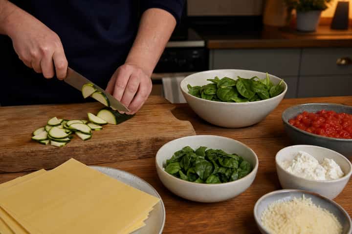 Vegetable Lasagne cooking step 1: Prep the vegetables.