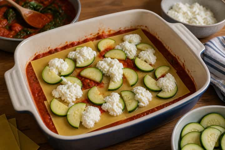 Vegetable Lasagne cooking step 3: Start layering.