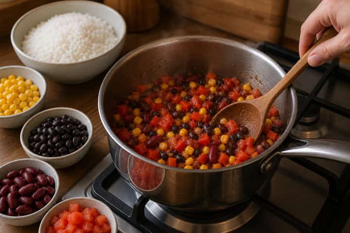 Veggie Chilli Rice cooking step 3: Build the flavour.