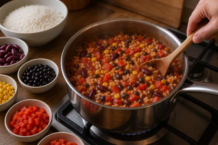 Veggie Chilli Rice cooking step 4: Bring it together.