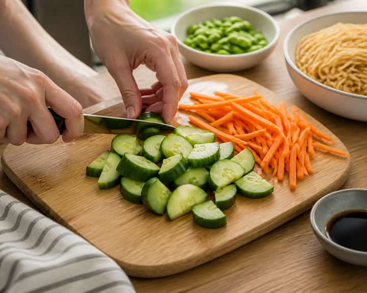 Veggie Noodle Lunch Boxes cooking step 2: Start cooking.